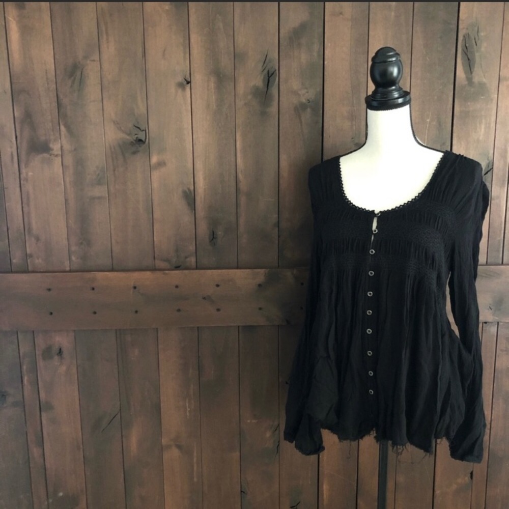 Free People Ruched Button Front Top Black